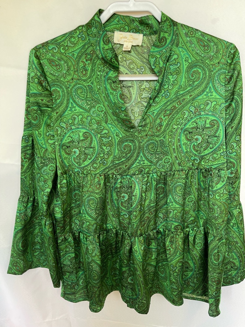 Julie Brown NY Green Paisley Blouse Babydoll Top Boho Chic